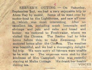 from St. James Parish magazine: report of servers outing 1920s to Alum Bay