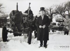 Funeral in snow from Dog Kennel Cottage 1950