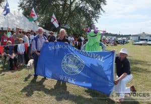 Brenda Doe, Carnival Chairman with mayor Steve Cowley and Chris Waddington ready to raise the flag